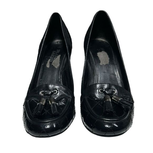Franco Sarto Leather Quilted Black Heels Shiny Closed Toe 3 inch Heel Tassel - Picture 3 of 10